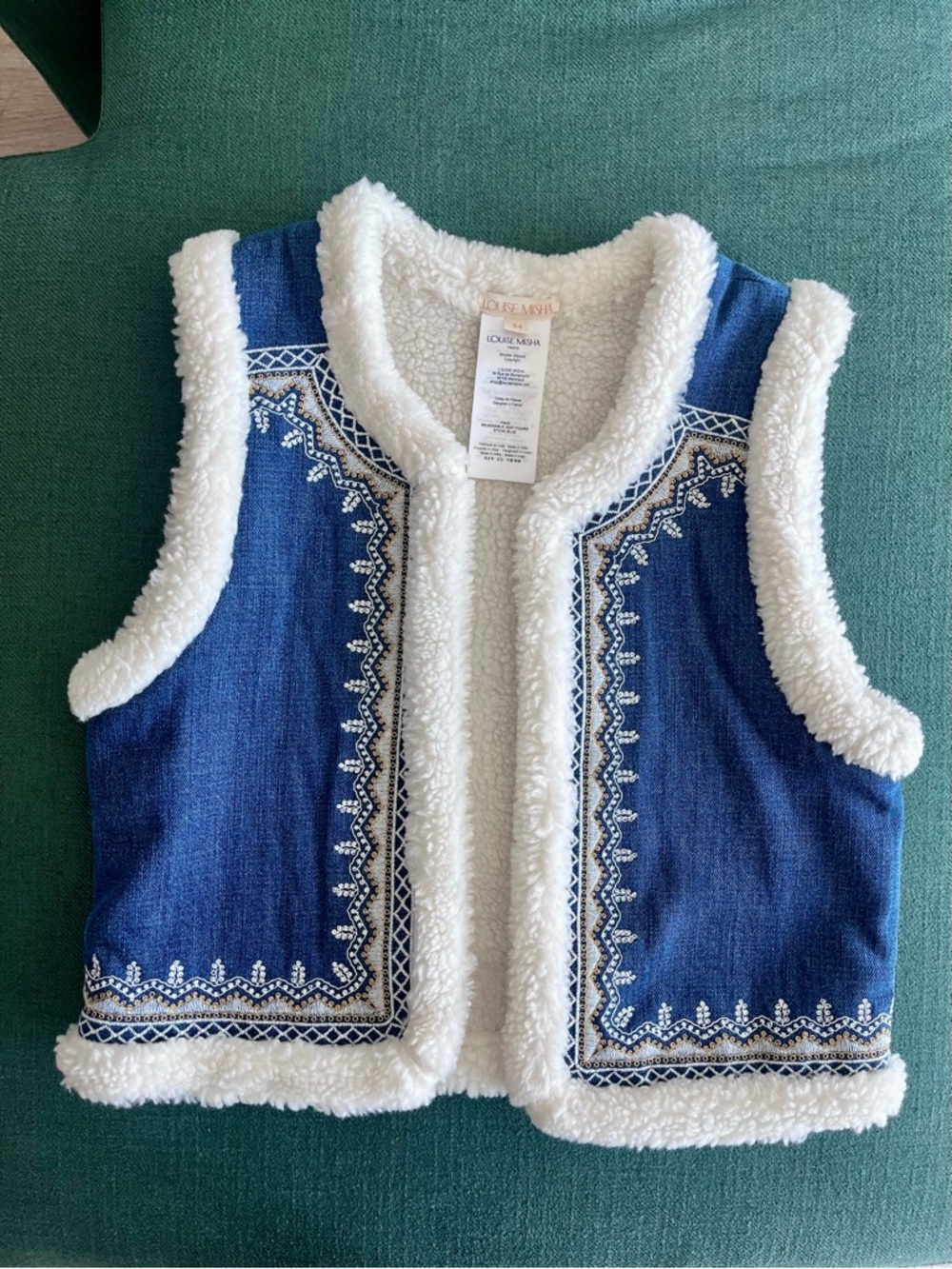 Louise Misha embroidered blue reversible jacket vest sherpa lining